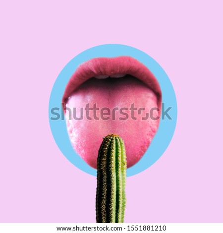 mouth licking succulent, collage concept, minimal funny mood