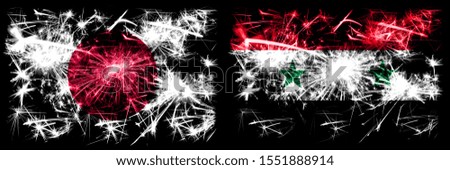 Japan, Japanese vs Syria, Syrian New Year celebration sparkling fireworks flags concept background. Combination of two abstract states flags.
