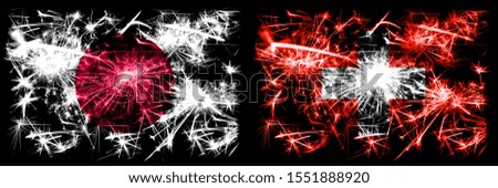 Japan, Japanese vs Switzerland, Swiss New Year celebration sparkling fireworks flags concept background. Combination of two abstract states flags.
