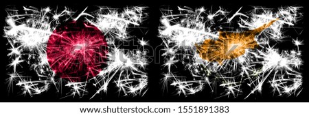 Japan, Japanese vs Cyprus, Cyprian New Year celebration sparkling fireworks flags concept background. Combination of two abstract states flags.
