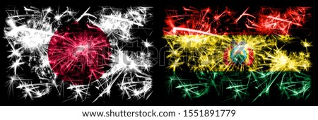 Japan, Japanese vs Bolivia, Bolivian New Year celebration sparkling fireworks flags concept background. Combination of two abstract states flags.
