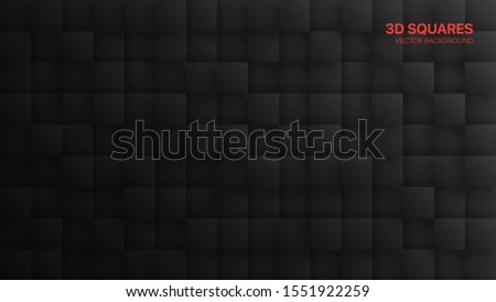 3D Vector Squares Dark Gray Abstract Background. Darkness Three Dimensional Science Technological Tetragonal Blocks Structure Conceptual Art Illustration. Black Friday Sale Blank Tech Backdrop