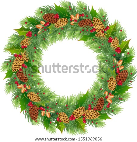 Christmas wreath made of fir-tree or pine tree branches with cones, acorns, holly, red berries. Merry christmas round frame. Eps 10