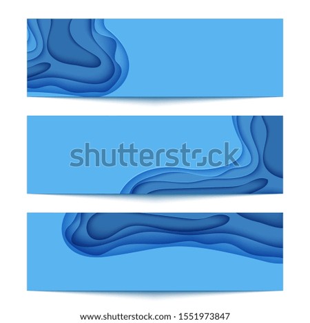 Three abstract horizontal blue flyer collection in cut paper style. Set of cutout sea wave template for for save the Earth posters, World Water Day, eco brochures. Vector water applique illustration.