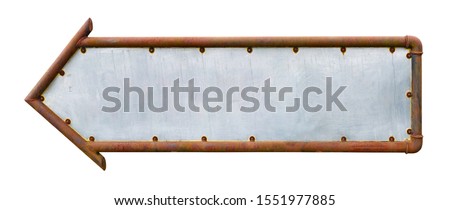 Road sign arrow made of rusty pipes and galvanized iron. Isolated on white outdoor object