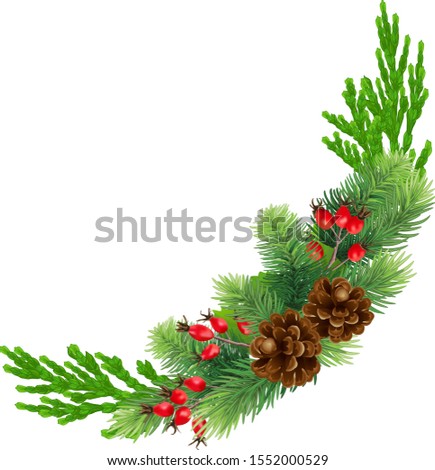 Christmas wreath with bump, fir branches, cypress, red rosehip berries Christmas decorations. design for poster, print .