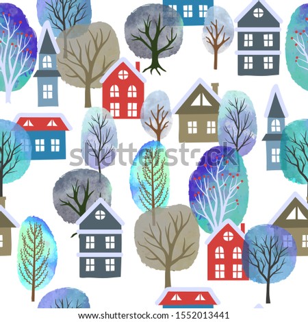Seamless city pattern with watercolor trees and houses. Winter landscape. Christmas wrapping paper design.