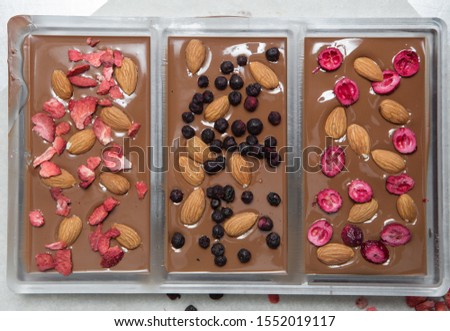 Tiles of exquisite hand-made chocolate with red dried and fresh berries, with Ingredients nuts, peel, mint, cocoa powder, chips