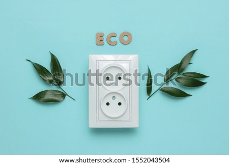 Eco concept. Power Energy Economy. Save the planet. Double power socket, green leaves on blue pastel background. Studio shot