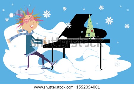 Winter piano concert illustration. Smiling pianist woman is playing music under the falling snow 
