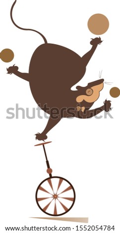 Equilibrist rat or mouse rides on the unicycle and juggles the balls illustration. Funny rat or mouse balances on the unicycle and juggles the balls isolated on white