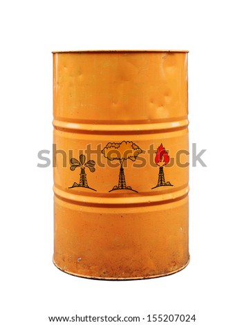 Metal oil drums with imprint of oil rig symbols, isolated against white.  