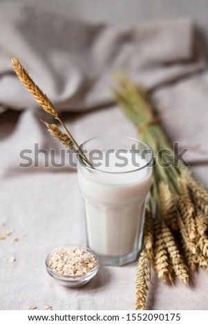 Fresh vegan oat milk in big glass. Closeup, white wooden background. Healthy vegetarian food concept.  Oatmeal in a bowl and spica to illustrate raw ingredients. Copy space for text