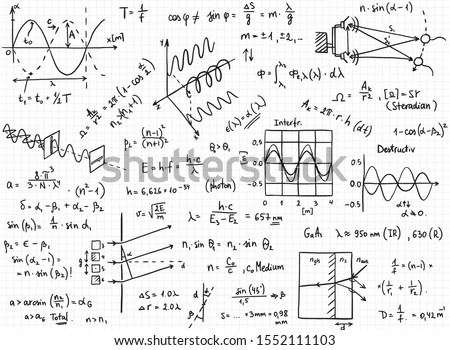 Vector set of mathematical formulas and solutions to problems and equations.  Background texture of homework of a student, topic radiation. Vector image of algebra and geometry tasks.  Royalty-Free Stock Photo #1552111103