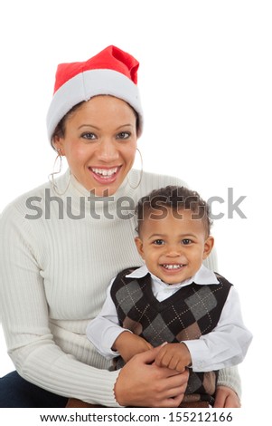 Smiling African American Mom and Boy Closeup Portrait on White Background Wearing Santa Hat