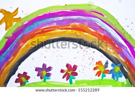 Kid's drawing with flowers and colorful rainbow