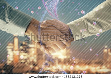 Multi exposure of DNA drawing hologram on city view background with handshake. Concept of education