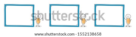 Group of funny hand drawn stickmen with empty whiteboard. Vector