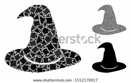 Hat mosaic of tuberous parts in various sizes and color tones, based on hat icon. Vector tuberous parts are united into illustration. Hat icons collage with dotted pattern.
