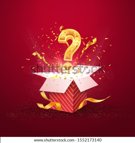 Open textured red box with question sign and confetti explosion inside and on blue background. Mystery gift box with secret isolated vector illustration Royalty-Free Stock Photo #1552173140