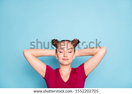 Photo of cheerful tranquil cute nice pretty serene girlfriend enjoying her weekend lying asleep with hands holding head isolated pastel color background