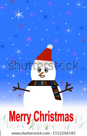 Christmas snowman. Postcard with stars and colors