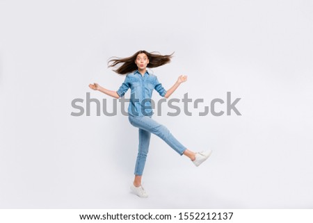 Full length body size view of her she nice attractive lovely funny girlish funky cheerful cheery positive teenage girl having fun time isolated over light white color background