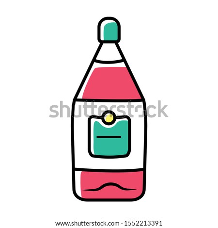 Transparent glass bottle of wine color icon. Luxury alcoholic drink, beverage. Red wine in bar, cafe, restaurant. Drinking preference. Glassware with green label. Isolated vector illustration