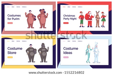 Holiday costumes ideas landing page vector template. Animal clothing website interface idea with flat illustrations. Purim suits homepage layout. Christmas party web banner, webpage cartoon concept