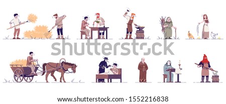 Medieval people flat vector illustrations set. Historical peasants, farmer, blacksmith, executioner, priest, doctor isolated cartoon characters with outline elements on white background Royalty-Free Stock Photo #1552216838
