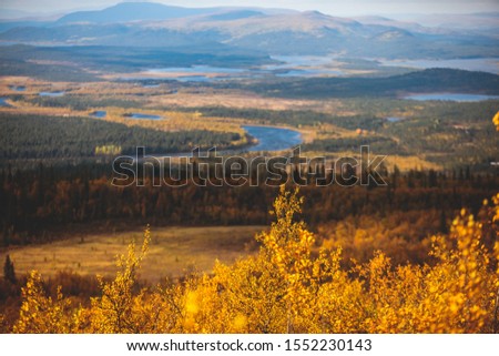 Swedish autumn fall vibrant landscape during hiking to Kurravaara mountain in Norrbotten county, Kiruna Municipality, Northern Sweden Royalty-Free Stock Photo #1552230143