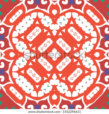 Ethnic ceramic tile in mexican talavera. Geometric design. Vector seamless pattern illustration. Red vintage ornament for surface texture, towels, pillows, wallpaper, print, web background.