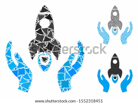 Space rocket care hands composition of abrupt items in various sizes and shades, based on space rocket care hands icon. Vector rough items are organized into composition.