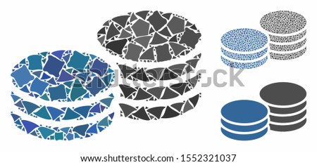 Coins composition of abrupt parts in variable sizes and color tints, based on coins icon. Vector bumpy items are united into collage. Coins icons collage with dotted pattern.