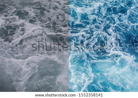 Photo before and after the image editing process. Sea waves water background