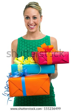 girl holding and offering christmas gifts in white background