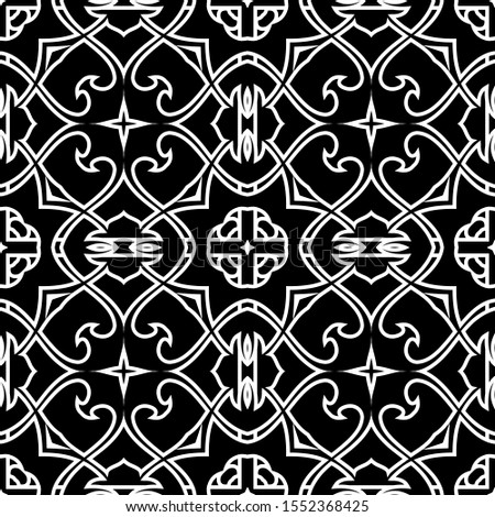 Arabesque floral vector seamless pattern. Black and white ornamental arabic background. Ethnic style elegance line art ornaments with vintage flowers, leaves, shapes, lines. Beautiful ornate design.