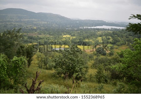 View of a city covered with trees from the top of a hill station in India