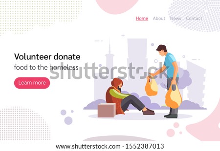Volunteer people doing charity activities. Volunteer man donates food to homeless, stands giving food pack to elderly homeless man. Homeless, volunteer, help, poor, charity concept vector illustration Royalty-Free Stock Photo #1552387013