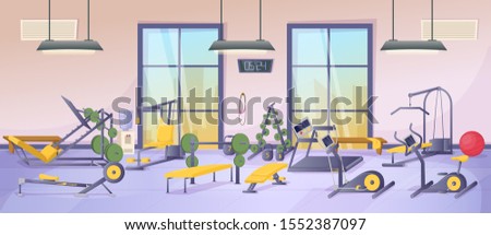 Gym interior room. Fitness sports club gym interior with equipment, simulators, machines for body workout, Crossfit, treadmill, elliptical machine. Equipment for active healthy lifestyle vector
