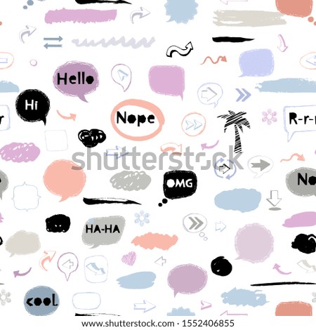 Vector seamless pattern with speech bubble,stickers,arrows on a white background 