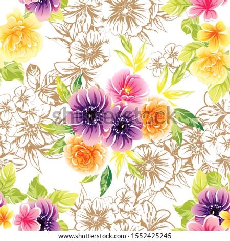 Abstract seamless pattern with plants, herbs and flowers, colorful botanical illustration.
