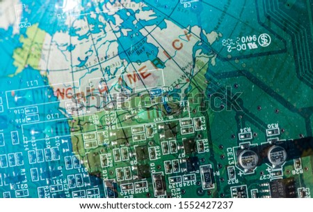 Double exposure technology background and world map. Motherboard