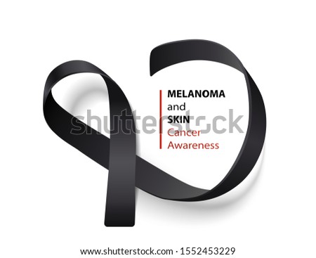 Realistic black ribbon - symbol of melanoma and skin cancer awareness month. Dark colored satin band loop isolated on white background with text - vector illustration.