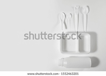 Stop using plastic. Plastic waste collection Plate, bowl, Spoon and fork, lunch box, bottle Made of Plastic. Concept of Recycling plastic and ecology problem (Environment concept). 