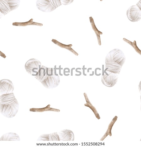 Ball of white yarns and dry tree branches seamless pattern on white background. Decoration background tile