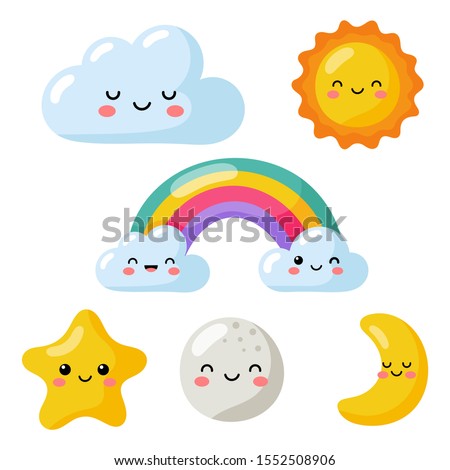 set of kawaii stars, moon, sun, rainbow and clouds isolated on white background. baby cute pastel colors. vector Illustration.