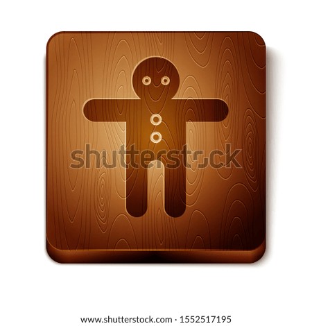 Brown Holiday gingerbread man cookie icon isolated on white background. Cookie in shape of man with icing. Wooden square button. Vector Illustration