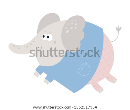 Adorable cute baby elephant isolated on white background. Animal of savannah. Large wild mammal. Colorful vector illustration in flat cartoon style. For print, card, decoration, textile, poster