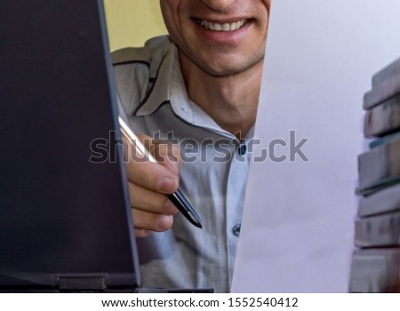 Businessman proposing to sign contract to client, looking at camera, sitting at desk, employee holding paper document in hands, pointing pen, make deal